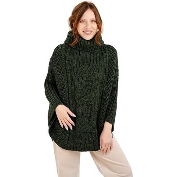 SAOL Cable Knit Poncho Cape Merino Wool Irish Sweater Turtle Neck Army Green OS - Picture 7 of 8